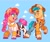 Size: 3000x2500 | Tagged: safe, artist:cocopudu, hitch trailblazer, sunny starscout, earth pony, pony, g5, my little pony: a new generation, blue background, clothes, cloud, cosplay, costume, cowboy hat, crossover, duo, female, hat, high res, jessie (toy story), male, mare, one eye closed, open mouth, open smile, simple background, smiling, stallion, toy story, unshorn fetlocks, white pupils, wink, woody