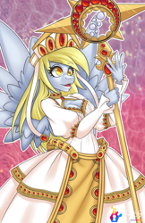 Size: 660x1020 | Tagged: safe, artist:bumblebun, artist:inkkeystudios, part of a set, derpy hooves, pegasus, anthro, g4, breasts, busty derpy hooves, cleavage, cleric, clothes, crossover, diadem, dress, dungeons and dragons, epic derpy, fantasy class, female, healer, mare, pen and paper rpg, priest, rpg, signature, solo, staff, warcraft, world of warcraft