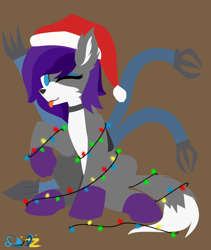 Size: 2362x2795 | Tagged: safe, artist:samsailz, oc, :p, christmas, christmas lights, commission, hat, high res, holiday, lineless, mechanical arms, mechanical hands, no iris, one eye closed, santa hat, solo, tangled up, tongue out, wink, ych result