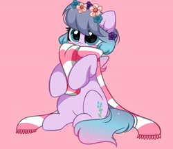 Size: 3897x3374 | Tagged: safe, artist:kittyrosie, oc, oc only, earth pony, pony, blushing, christmas, clothes, commission, cute, earth pony oc, eyes closed, flower, flower in hair, high res, holiday, ocbetes, scarf, simple background, solo, striped scarf, ych result