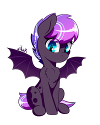 Size: 1200x1500 | Tagged: safe, artist:rainbowfire, oc, oc only, bat pony, pony, bat wings, blue eyes, chest fluff, female, ponytail, simple background, sitting, solo, white background, wings