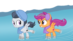 Size: 1280x720 | Tagged: safe, artist:mlplary6, rumble, scootaloo, pegasus, pony, g4, christmas, colt, female, filly, holiday, ice, ice skating, male, ship:rumbloo, shipping, straight