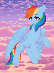 Size: 2600x3500 | Tagged: safe, artist:rise_of_evil_69, rainbow dash, pegasus, pony, g4, :p, blushing, cloud, cute, dashabetes, ear fluff, female, flying, high res, looking at you, outdoors, scenery, scenery porn, smiling, smiling at you, solo, spread wings, sunset, tongue out, windswept mane, wings