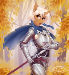 Size: 1179x1280 | Tagged: safe, artist:ladychimaera, oc, oc only, unicorn, anthro, armor, cape, clothes, female, horn, outdoors, solo, sword, unicorn oc, weapon