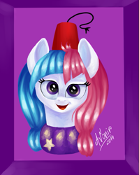 Size: 451x567 | Tagged: safe, artist:avonir, earth pony, pony, abstract background, bust, eyelashes, female, fez, hat, mare, signature, smiling, solo