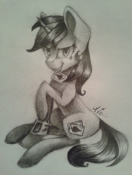 Size: 453x604 | Tagged: safe, artist:avonir, oc, oc only, oc:blackjack, pony, unicorn, fallout equestria, fallout equestria: project horizons, ace of spades, grayscale, horn, monochrome, pipbuck, playing card, signature, sitting, smiling, solo, traditional art, unicorn oc
