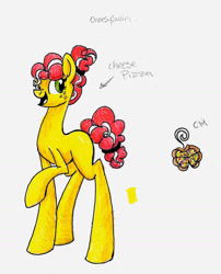 Size: 1127x1398 | Tagged: safe, artist:ask-y, oc, oc only, oc:cheese pizza, earth pony, pony, earth pony oc, female, freckles, mare, offspring, parent:oc:cream cheese, parent:oc:swindle apple, parents:oc x oc, raised hoof, smiling, solo, traditional art