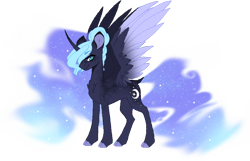Size: 874x563 | Tagged: safe, artist:enifersuch, princess luna, alicorn, pony, g4, alternate design, base used, colored hooves, concave belly, ethereal mane, female, horn, mare, simple background, slender, smiling, solo, starry mane, thin, transparent background, wings