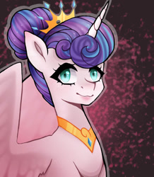 Size: 834x958 | Tagged: safe, artist:enifersuch, princess flurry heart, alicorn, pony, g4, abstract background, bust, female, horn, jewelry, mare, older, older flurry heart, smiling, solo, tiara, wings