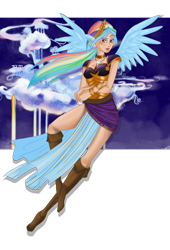 Size: 2000x2941 | Tagged: safe, artist:moryartix, rainbow dash, human, g4, alternate hairstyle, boots, cloudsdale, eared humanization, female, flying, high res, humanized, ponytail, shoes, simple background, solo, transparent background, winged humanization, wings