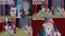 Size: 1280x720 | Tagged: safe, edit, edited screencap, editor:quoterific, screencap, bleeding heart, blue bobbin, rarity, sassy saddles, starke kragen, pegasus, pony, unicorn, fake it 'til you make it, g4, season 8, eyes closed, female, magic, mare, not fluttershy, open mouth, telekinesis, twirly tulip