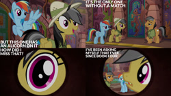 Size: 1280x720 | Tagged: safe, edit, edited screencap, editor:quoterific, screencap, daring do, quibble pants, rainbow dash, earth pony, pegasus, pony, g4, season 6, stranger than fan fiction, female, flying, male, mare, open mouth, open smile, smiling, stallion