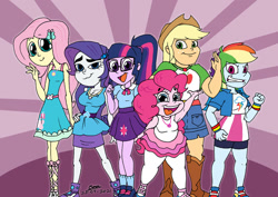 Size: 1024x726 | Tagged: safe, artist:tmntsam, applejack, fluttershy, pinkie pie, rainbow dash, rarity, sci-twi, twilight sparkle, equestria girls, g4, my little pony equestria girls: better together, applejacked, bbw, breasts, buff, busty rarity, cleavage, curvy, diverse body types, equestria girls toon, fat, female, four fingers, girly girl, grin, height difference, humane five, humane six, muscles, muscular female, open mouth, open smile, pudgy pie, rarity peplum dress, shortstack, smiling, thin, tomboy