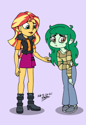 Size: 1169x1700 | Tagged: safe, artist:tmntsam, sunset shimmer, wallflower blush, equestria girls, equestria girls specials, g4, my little pony equestria girls: better together, my little pony equestria girls: forgotten friendship, duo, duo female, equestria girls toon, female, four fingers, open mouth, shy, simple background