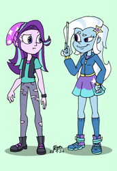 Size: 1169x1700 | Tagged: safe, artist:tmntsam, starlight glimmer, trixie, equestria girls, equestria girls specials, g4, my little pony equestria girls: mirror magic, delicious flat chest, duo, duo female, equestria girls toon, female, flatlight glimmer, four fingers, looking at each other, looking at someone, simple background, smiling, wand