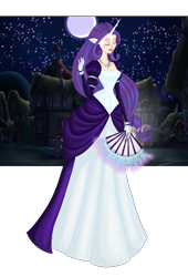 Size: 2000x2941 | Tagged: safe, artist:moryartix, rarity, human, g4, clothes, dress, eyes closed, fan, female, full moon, high res, horn, horned humanization, humanized, moon, night, simple background, smiling, solo, transparent background