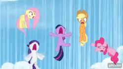 Size: 640x360 | Tagged: safe, screencap, applejack, fluttershy, pinkie pie, rarity, twilight sparkle, earth pony, pegasus, pony, unicorn, g4, season 3, wonderbolts academy, animated, applejack's hat, cloud, cowboy hat, eyes closed, female, floppy ears, gif, gifs.com, hat, mare, nose in the air, open mouth, screaming, unicorn twilight