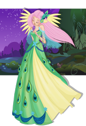 Size: 2000x2941 | Tagged: safe, artist:moryartix, fluttershy, human, g4, clothes, dress, female, gala dress, high res, humanized, night, outdoors, simple background, smiling, solo, stars, transparent background, winged humanization, wings