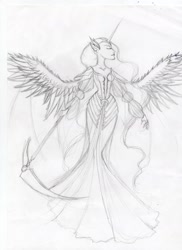 Size: 2550x3509 | Tagged: safe, artist:moryartix, princess luna, human, g4, clothes, dress, female, high res, humanized, scythe, solo, spread wings, traditional art, wings
