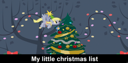 Size: 1920x947 | Tagged: safe, derpy hooves, pegasus, pony, comic:celestia's servant interview, g4, caption, christmas, christmas decoration, christmas tree, cs captions, cute, derpabetes, female, holiday, mare, solo, text, tree