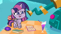 Size: 1920x1080 | Tagged: safe, screencap, twilight sparkle, alicorn, pony, cute impact, g4, g4.5, my little pony: pony life, book, female, mare, solo, telescope, twilight sparkle (alicorn)