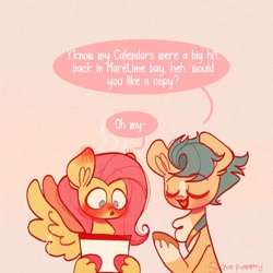 Size: 768x768 | Tagged: safe, artist:sockiepuppetry, fluttershy, hitch trailblazer, earth pony, pegasus, pony, g5, my little pony: a new generation, blushing, calendar, oh my, spread wings, stupid sexy hitch trailblazer, wingboner, wings