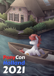 Size: 2338x3306 | Tagged: safe, artist:monnarcha, oc, oc only, oc:stroopwafeltje, pony, unicorn, 2021, boat, giethoorn, high res, netherlands, overijssel, ponycon holland, solo