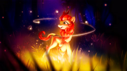 Size: 3301x1858 | Tagged: safe, artist:itssim, autumn blaze, kirin, g4, awwtumn blaze, chest fluff, cute, ear fluff, forest, grass, light, night, open mouth, solo, wisp