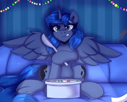 Size: 2500x2000 | Tagged: safe, artist:shadowreindeer, princess luna, alicorn, pony, g4, cereal, couch, crying, female, food, high res, horn, mare, sad, sitting, solo, spoon, spread wings, wings