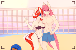Size: 3600x2400 | Tagged: safe, artist:chapaevv, oc, oc:glittering lights, unicorn, anthro, beach, big breasts, bikini, bra, breasts, camera, cleavage, clothes, commission, duo, female, high res, horn, looking at you, male, offscreen character, panties, peace sign, swimsuit