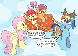 Size: 1887x1356 | Tagged: safe, artist:doodledonutart, apple bloom, fluttershy, rainbow dash, scootaloo, sweetie belle, earth pony, pegasus, pony, unicorn, g4, antlers, comic, cutie mark crusaders, dialogue, ears back, female, filly, folded wings, green eyes, horn, mare, multicolored hair, multicolored mane, multicolored tail, open mouth, open smile, orange eyes, pink mane, pink tail, purple eyes, rainbow hair, rainbow tail, red mane, reindeer antlers, sleigh, smiling, snow, speech bubble, standing, tail, teal eyes, tongue out, two toned mane, wings