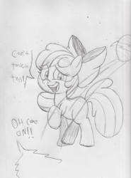 Size: 2476x3350 | Tagged: safe, artist:theobviousdecoy, apple bloom, earth pony, pony, g4, ball, female, filly, high res, sketch, solo, speech bubble, traditional art