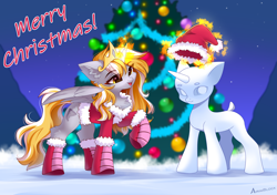 Size: 4960x3496 | Tagged: safe, artist:airiniblock, oc, oc only, oc:stormy, alicorn, pony, alicorn oc, christmas, hat, holiday, horn, night, santa hat, snow, snowpony, solo, tree, wings, winter