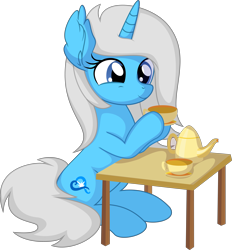 Size: 6161x6631 | Tagged: safe, artist:cyanlightning, oc, oc:starsong dusk, pony, unicorn, .svg available, absurd resolution, female, food, mare, simple background, solo, table, tea, transparent background, vector