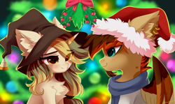 Size: 7576x4520 | Tagged: safe, artist:airiniblock, oc, oc only, oc:arid bounty, oc:candy pot, pony, rcf community, absurd resolution, chest fluff, christmas, christmas tree, clothes, duo, ear fluff, eye clipping through hair, hat, holiday, holly, holly mistaken for mistletoe, santa hat, scarf, tree, witch hat