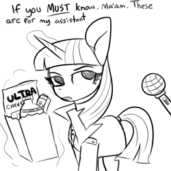 Size: 1440x1440 | Tagged: safe, artist:tjpones, twilight sparkle, pony, unicorn, g4, clothes, dialogue, female, grayscale, grocery bag, implied spike, levitation, magic, mare, microphone, monochrome, offscreen character, paper bag, simple background, solo, telekinesis, trenchcoat, white background