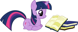 Size: 6000x2519 | Tagged: safe, artist:twilirity, twilight sparkle, pony, unicorn, applebuck season, g4, .svg available, book, female, high res, horn, lying, lying down, mare, multicolored mane, multicolored tail, ponyloaf, prone, purple eyes, reading, simple background, smiling, solo, tail, transparent background, unicorn twilight, vector