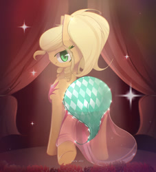 Size: 2000x2200 | Tagged: safe, artist:miryelis, applejack, earth pony, pony, g4, simple ways, applebutt, applejewel, blinking, butt, clothes, curtains, dress, full body, hair, high res, looking, looking at you, plot, smiling, smiling at you, solo