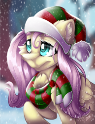 Size: 2550x3300 | Tagged: safe, artist:mychelle, fluttershy, pegasus, pony, g4, bust, cheek fluff, chest fluff, christmas, clothes, ear fluff, female, folded wings, hat, high res, holiday, mare, outdoors, raised hoof, santa hat, scarf, shoulder fluff, snow, snowfall, solo, stray strand, striped scarf, three quarter view, wings, winter outfit