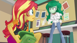 Size: 1920x1080 | Tagged: safe, alternate version, edit, edited screencap, screencap, sunset shimmer, wallflower blush, equestria girls, equestria girls series, forgotten friendship, g4, angry, backpack, bondage, desk, discovery family, discovery family logo, duo, eye contact, female, freckles, logo, looking at each other, looking at someone, photos, straitjacket, surprised