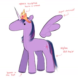 Size: 1606x1606 | Tagged: safe, artist:syrupyyy, twilight sparkle, alicorn, pony, unicorn, g4, annotations, beady eyes, beans, drawing, food, jewelry, magnets, plushie, solo, tiara, toy interpretation, twilight sparkle (alicorn), wings