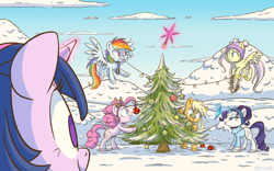 Size: 1280x800 | Tagged: safe, artist:imvicka, applejack, fluttershy, pinkie pie, rainbow dash, rarity, twilight sparkle, earth pony, pegasus, pony, unicorn, g4, alternate hairstyle, antlers, beanie, christmas, christmas ball, christmas decoration, christmas lights, christmas tree, clothes, colored hooves, colored wings, decorating, female, flying, glowing, glowing horn, hat, headband, holiday, hoof hold, horn, levitation, looking at something, magic, mane six, mare, mouth hold, no pupils, open mouth, open smile, outdoors, smiling, snow, spread wings, sweater, telekinesis, tree, turtleneck, two toned wings, wings, winter outfit