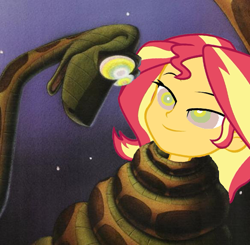 Size: 500x489 | Tagged: safe, artist:ocean lover, edit, sunset shimmer, python, snake, equestria girls, equestria girls series, forgotten friendship, g4, coils, disney, hypno eyes, hypnosis, hypnotized, jungle book, kaa, kaa eyes, night, outdoors, smiling, squeeze, stars, story included, the jungle book, wrapped up