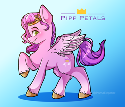 Size: 3000x2550 | Tagged: safe, artist:plumaelegante, pipp petals, pegasus, pony, g5, my little pony: a new generation, chest fluff, colored hooves, elbow fluff, female, flapper, gradient background, high res, looking at you, mare, name, profile, raised hoof, smiling, solo, spread wings, standing, unshorn fetlocks, wings