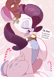 Size: 2154x3059 | Tagged: safe, artist:nookprint, rarity, deer, reindeer, bell, bell collar, candy, candy cane, chest fluff, christmas, collar, eyes closed, food, high res, holiday, open mouth, open smile, profile, rarideer, reindeerified, smiling, solo, species swap, speech bubble