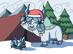 Size: 1280x953 | Tagged: safe, artist:sergeant16bit, yona, yak, g4, christmas, cloven hooves, grin, hat, holiday, ice, one eye closed, pine tree, santa hat, smiling, snow, tent, tree, wave, wink
