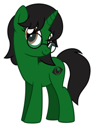 Size: 1808x2429 | Tagged: safe, artist:lightning stripe, artist:limedreaming, edit, vector edit, oc, oc only, oc:ambitious gossip, pony, unicorn, 2022 community collab, derpibooru community collaboration, g4, black mane, black tail, brown eyes, female, full body, glasses, green pony, happy, horn, looking at you, mare, request, requested art, show accurate, simple background, smiling, smiling at you, solo, standing, tail, transparent background, unicorn oc, vector
