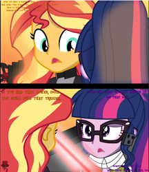 Size: 2287x2644 | Tagged: safe, artist:jcpreactyt, sci-twi, sunset shimmer, twilight sparkle, equestria girls, g4, blue eyes, clothes, engrish, female, glasses, hair, high res, jacket, lesbian, light, ponytail, purple eyes, scarf, ship:sci-twishimmer, ship:sunsetsparkle, shipping, sword art online, text