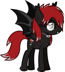 Size: 1293x1447 | Tagged: safe, artist:lightningbolt, derpibooru exclusive, oc, oc only, oc:sanguine hangover, hybrid, pegabat, undead, vampire, g4, .svg available, chest fluff, clandestine industries, ear fluff, emo, fangs, frown, glasses, hoof fluff, jewelry, lidded eyes, magical gay spawn, male, necklace, offspring, show accurate, simple background, slit pupils, solo, spread wings, standing, tail, tail feathers, teenager, transparent background, vector, wings