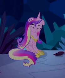 Size: 342x413 | Tagged: safe, screencap, princess cadance, alicorn, pony, a canterlot wedding, g4, season 2, concave belly, cropped, eyes closed, female, floppy ears, mare, messy mane, messy tail, scared, scratches, sitting, slender, solo, tail, thin